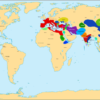 A map of the world showing the extent of large empires in Eurasia, Africa and the Americas.