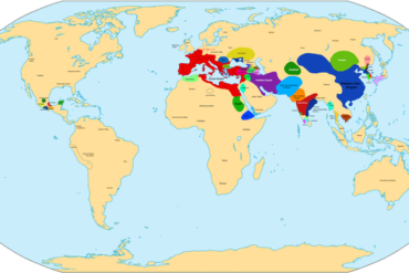 A map of the world showing the extent of large empires in Eurasia, Africa and the Americas.