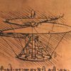 A sketch of a human–powered helicopter with a large spiral propeller on top.