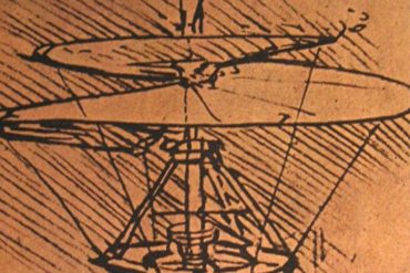 A sketch of a human–powered helicopter with a large spiral propeller on top.