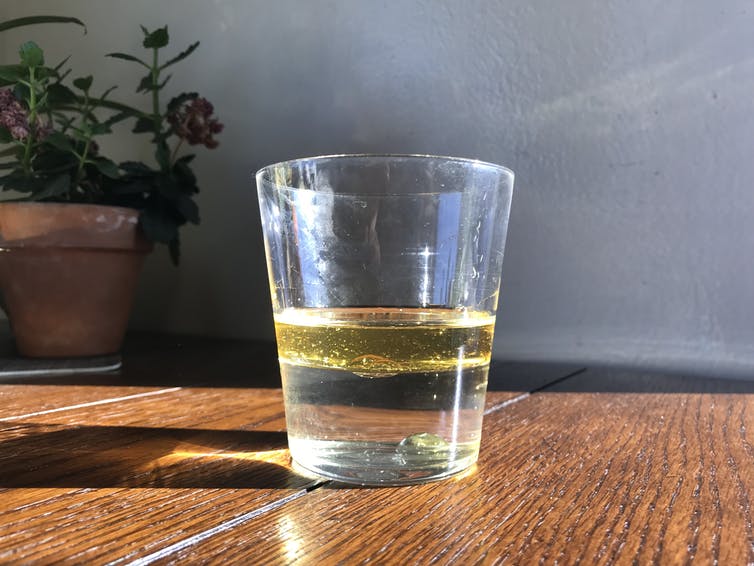 A cup filled with a layer of oil sitting on top of a layer of water.