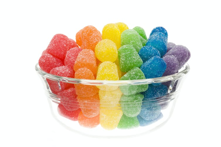 Rainbow-colored gum drops in a glass bowl against a white background.