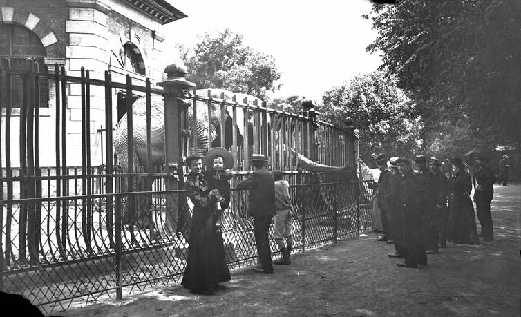 Black and white photo of people wearing old style clothes and hats at a zoo with an elephant behind bars.