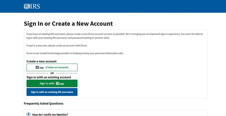 a webpage with the IRS logo in the top left corner and buttons for creating or logging into an account