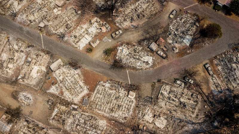 An aerial view shows burned properties in Clearlake, California in August 2021