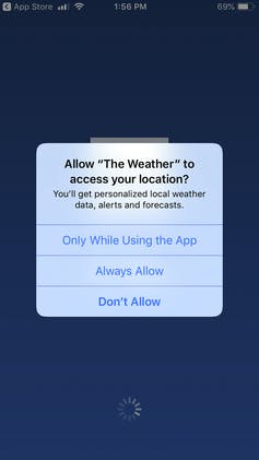 a smart phone screen showing a dialog box offering three options for location settings