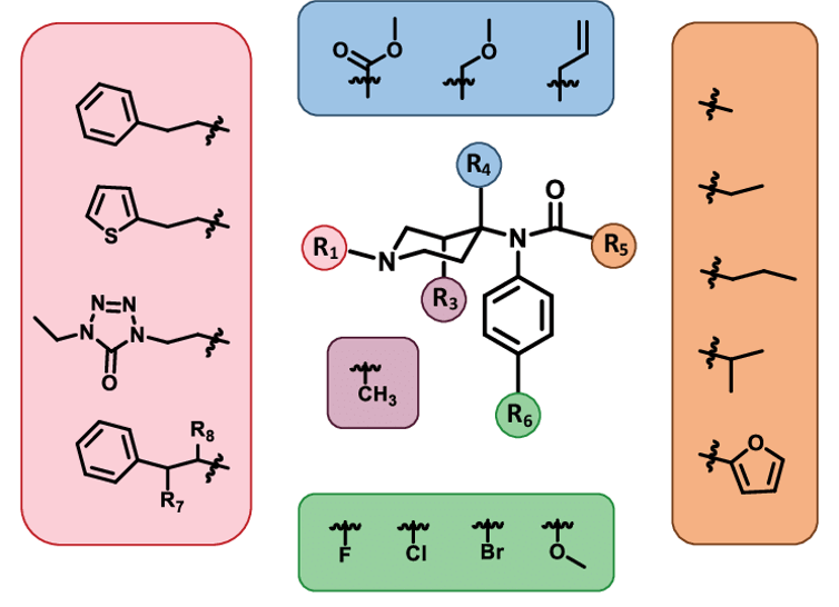 Diagram depicting various functional groups that can be substituted in fentanyl.