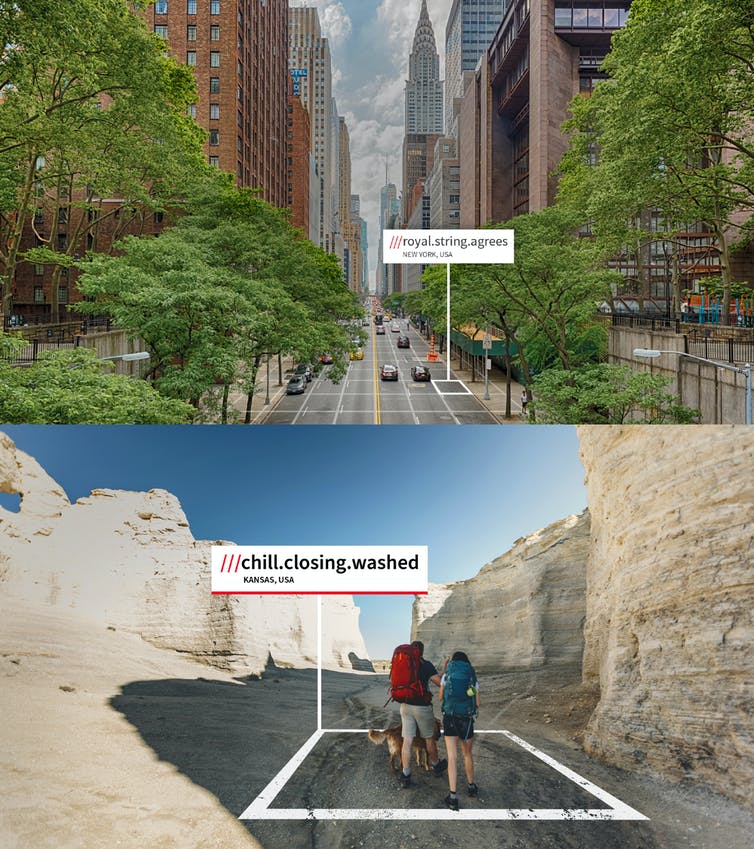 a photo of a city street above a photo of a remote canyon with two people and a dog hiking on a trail