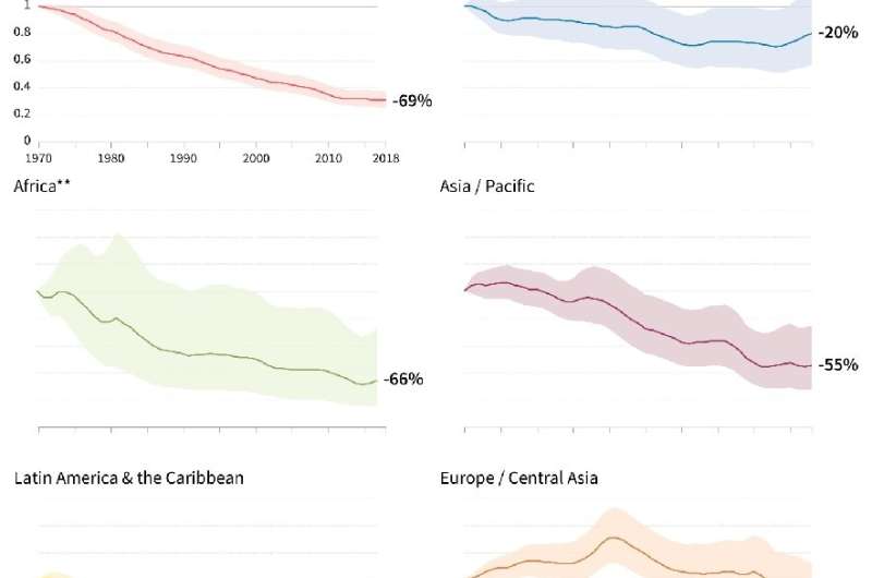 The 2022 global Living Planet Index, which shows a 69% decline of monitored wildlife populations