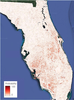 State of Florida with red dots across a large swath of the state from Charlotte Harbor to the Space Coast and for large distances on either side showing likely damage