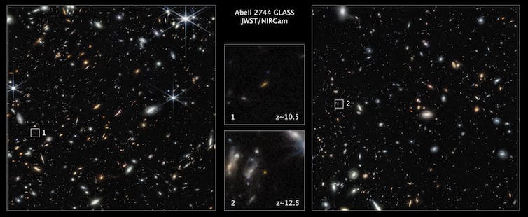 Two images showing a suite of galaxies with small boxes around faint red smudges.
