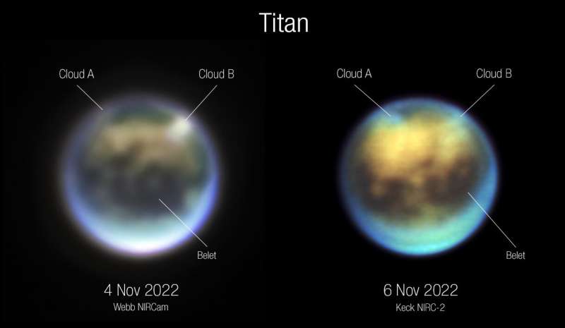 Webb, Keck telescopes team up to track clouds on Saturn's moon Titan
