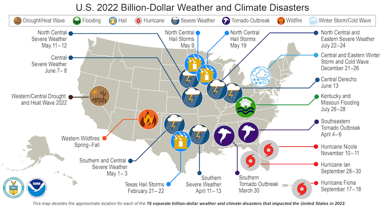 Map showing disasters, including several severe storms