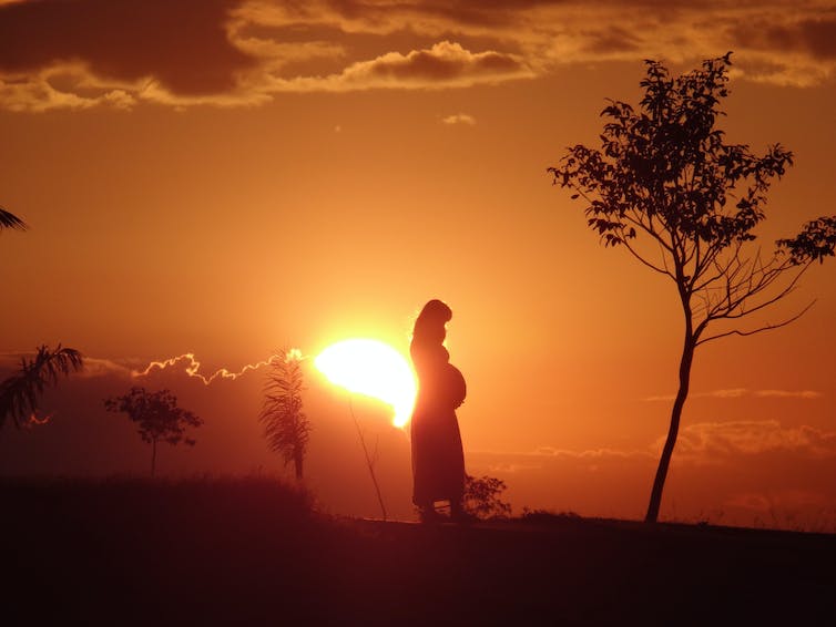 pregnant woman's silhouette against sunset on landscape