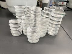 A stack of plastic petri dishes.
