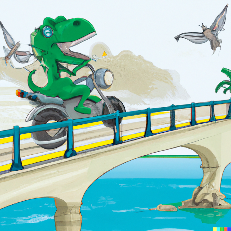 A computer generated image of a green dinosaur riding a motorcycle over a bridge.