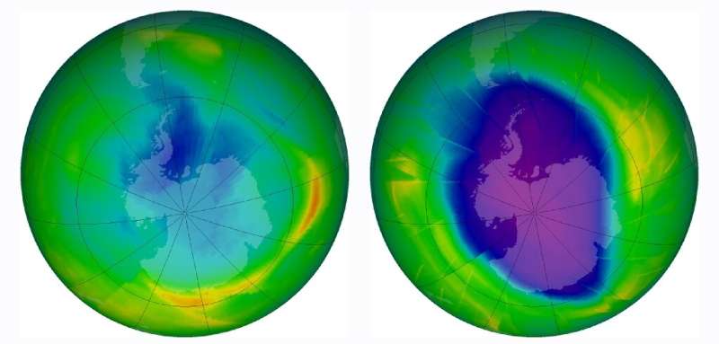 Handout images from the NASA Earth Observatory from 2009 show the ozone hole in 1979 (left) and 2009