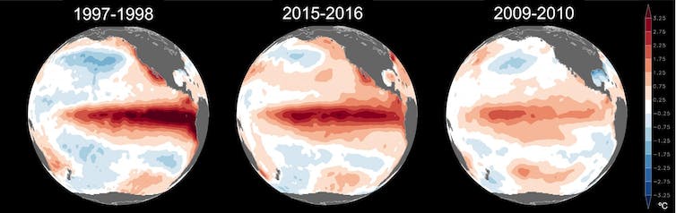 Sea surface temperature anomalies in degrees Celsius observed during three El Niño events show differences in location and strength of ocean warming.