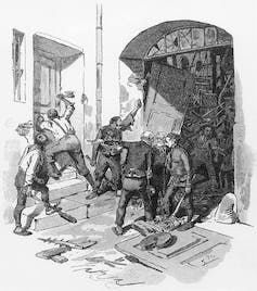 Engraving of a mob of men breaking into a factory.
