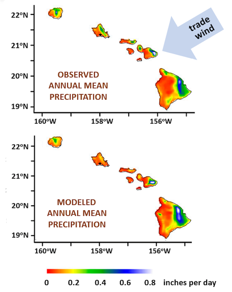 Two maps show how closely the computer model represents observed rainfall in Hawaii.