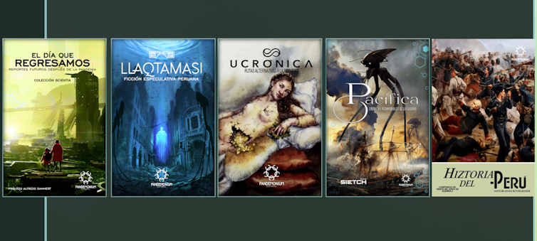Five book covers of Peruvian speculative fiction published by Pandemonium Editorial