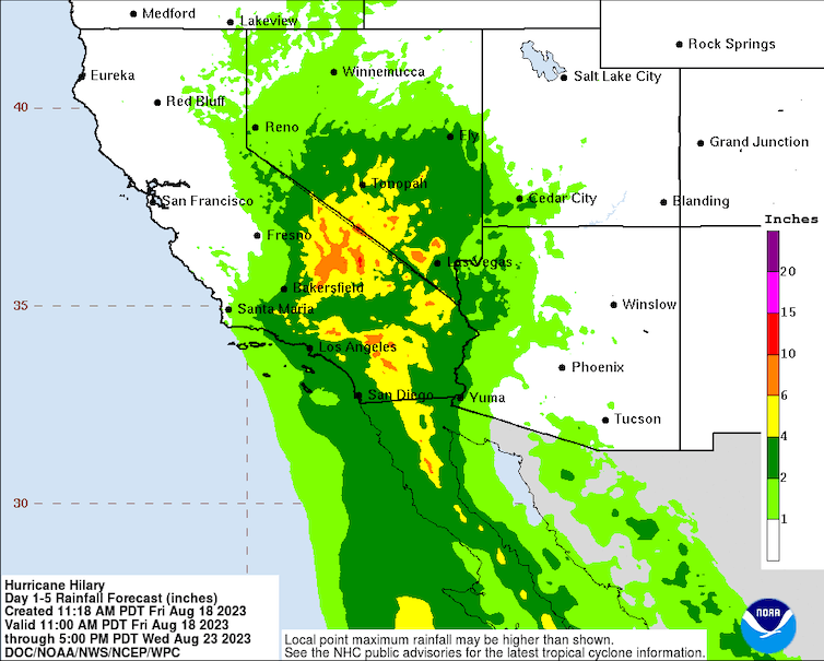 A map shows rainfall forecast across much of Southern California and into Arizona and Nevada.