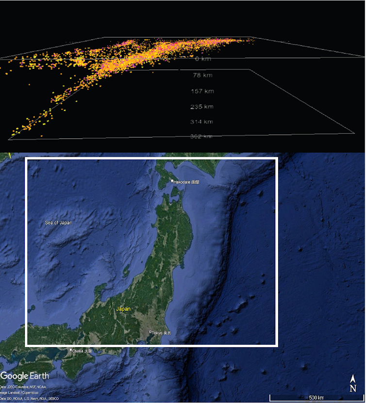 Two images show a map of Japan, with the Pacific Plate evident to the east, and a side view of earthquake depths that highlight that subducting plate.