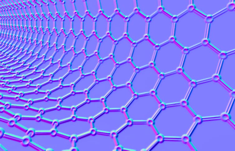 Illustration of a close-up of a sheet of carbon nanotubes, composed of connected hexagons