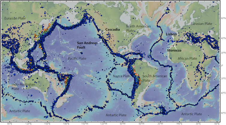 A world map shows dots for major earthquakes clustered along tectonic plate boundaries.