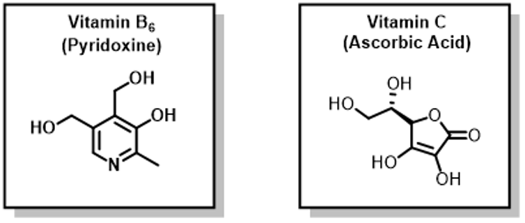 Two diagrams showing Vitamin B6, a hexagon with three branches with 'OH' attached, and vitamin C, a hexagon with two Os and four branches with OH coming off.