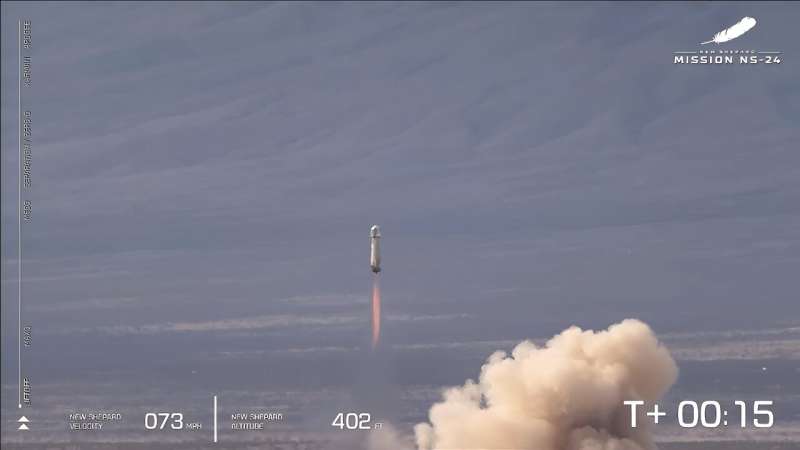 This screen grab taken from a Blue Origin broadcast shows the NS-24 rocket blasting off from the Blue Origin base near Van Horn, Texas