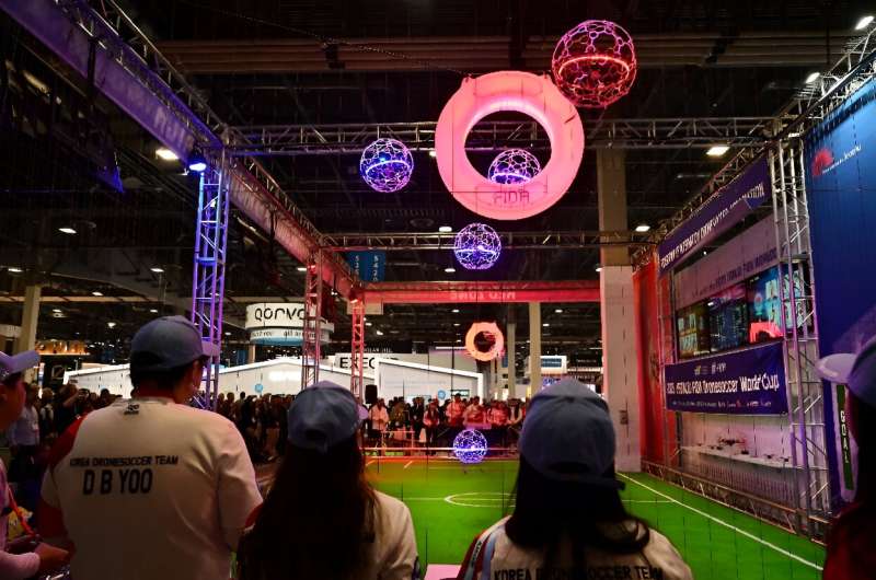 Once a drone soccer player scores, the 'donut' goals turn red briefly so that players are forced to retreat before trying to score again