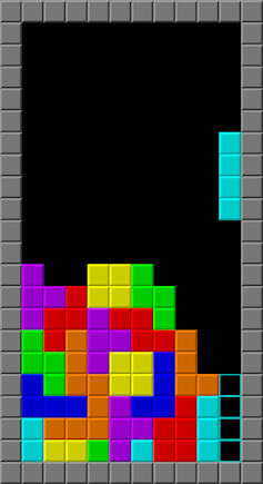 A Tetris board, which has blocks made up of four squares arranged in different formations, stacked atop each other.