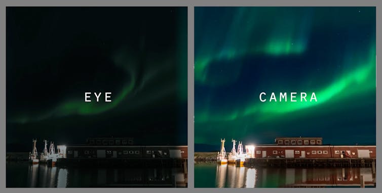 Two images of the northern lights, the left labeled 'eye' and the right labeled 'camera.' The 'eye' image is darker with the colors more muted.