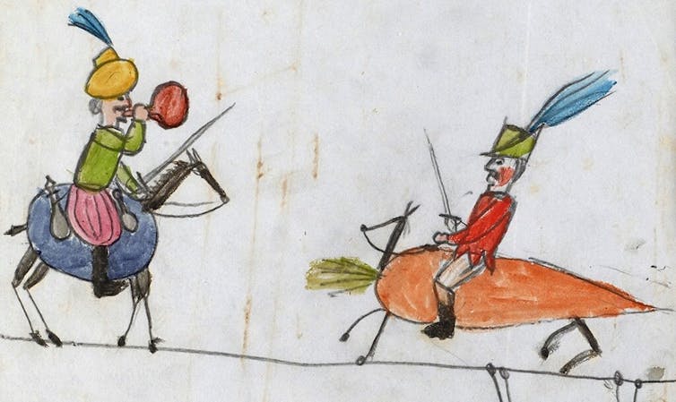 A child's drawing of two soldiers ridind a grape and a carrot