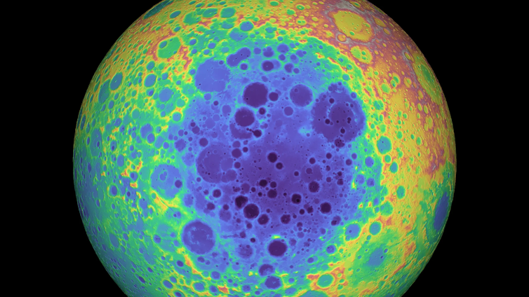 A topographic image of the Moon, with a large region colored blue towards the south pole indicating the South Pole-Aitkin basin.