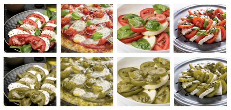 pictures of four menu items side by side, three show various presentations of a caprese salad with mozzarella and basil, one shows a pizza with mozzarella and basil