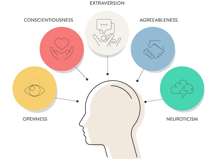 cartoon graphic of the Big Five personality traits: openness, conscientiousness, extraversion, agreeableness, neuroticism