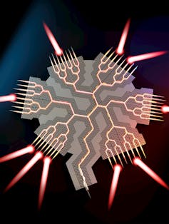 beams shoot out from a chip with angled circuits