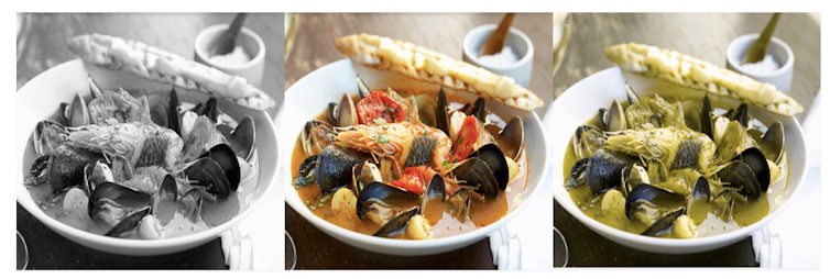 three versions of an image of a bowl of seafood in broth