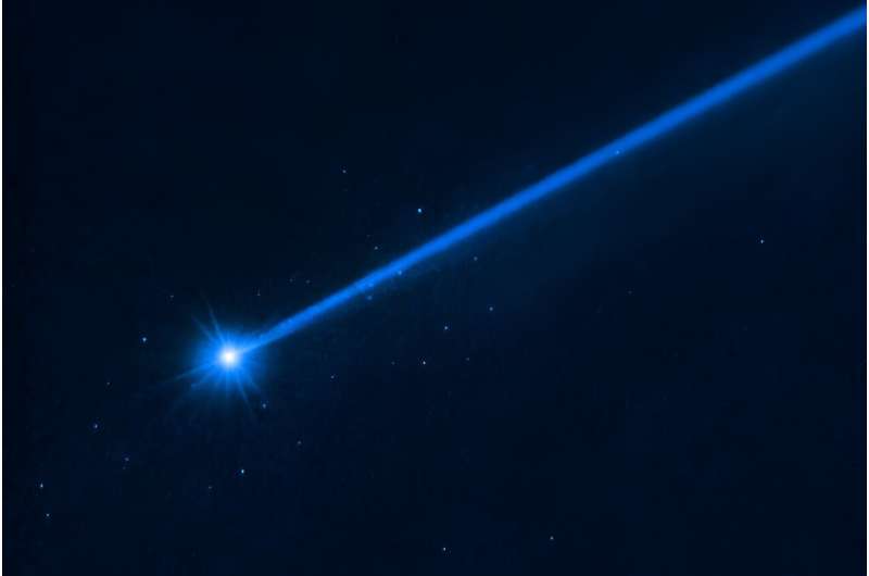 The asteroid Dimorphos streaks through the sky after being hit by NASA's DART spacecraft, which altered its trajectory