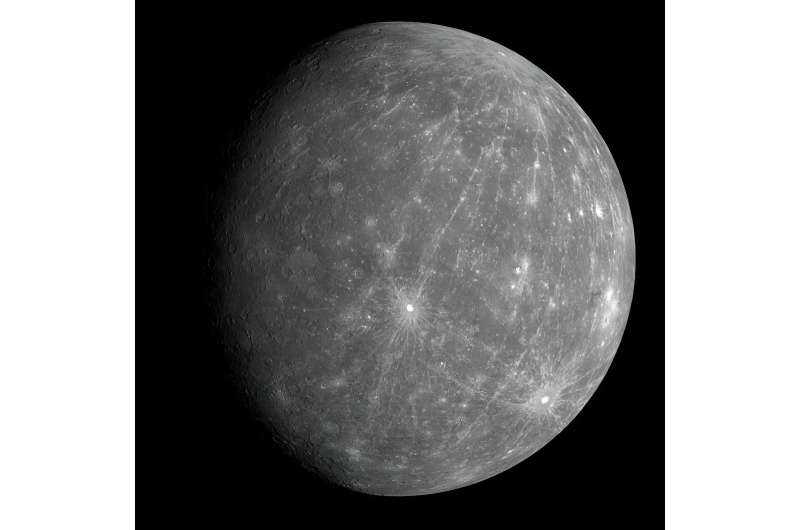 The blasted surface of Mercury in an image taken by NASA's MESSENGER probe in 2008