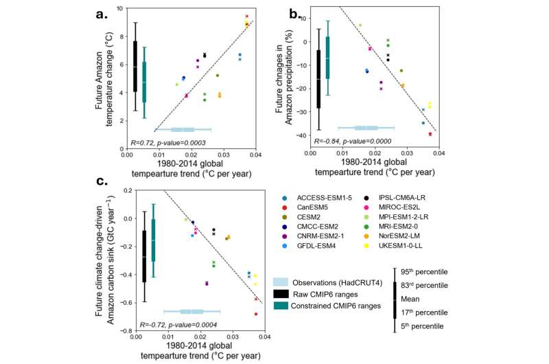 Global warming leads to drier and hotter Amazon: reducing uncertainty in future rainforest carbon loss