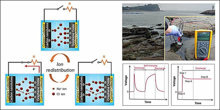 Self-charging energy harvester generates electricity from seawater