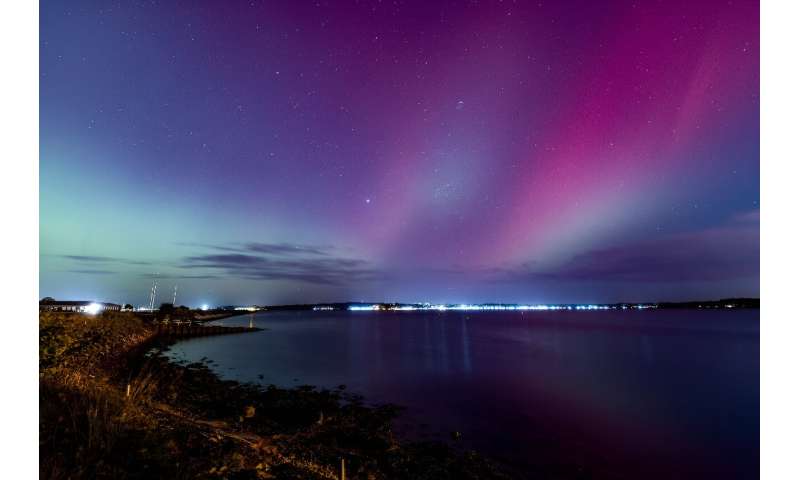 Northern lights over the Baltic Sea near Kiel in northern Germany