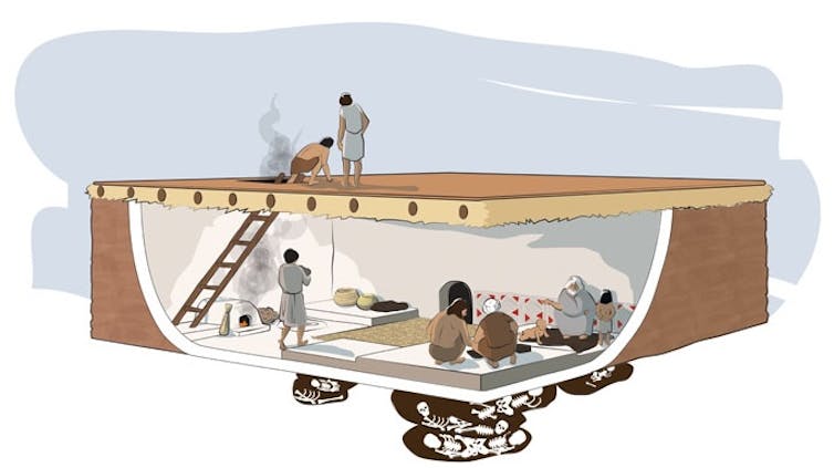 illustration of a family in a one room home entered from above with cooking space under the opening