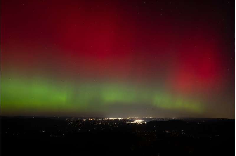 The aurora borealis seen from Shenandoah National Park in Rileyville, in the US state of Virginia