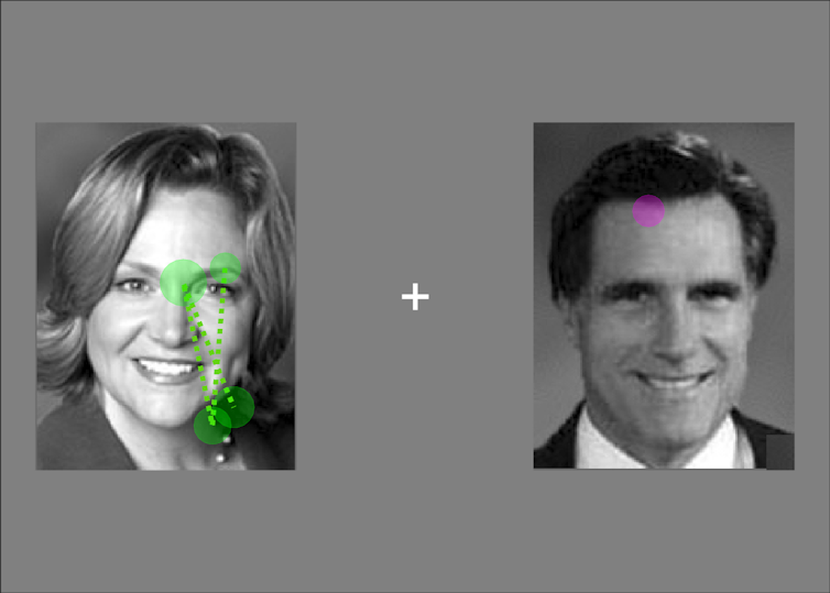 black and white headshots of a woman and a man, with green markings on her face and a small purple mark on his