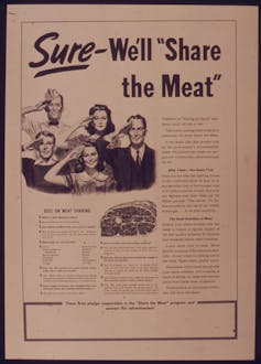 Poster from 1940s with photo of soldier and civilians saluting with heading 'Sure – We'll 'Share the Meat''