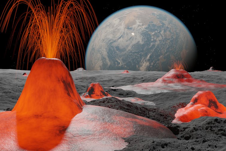 An illustration showing the Moon's surface, covered with volcanoes, with the Earth floating large in the background.